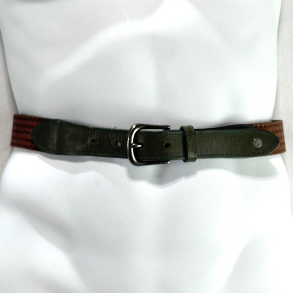 TED BAKER Men's Leather Belt Brown Green Silver-tone Buckle Size 36 - Picture 1 of 11